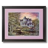 Victorian Old Lighted House Bridge Home Decor Wall Picture Black Framed Art Print