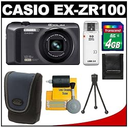 Casio Exilim EX-ZR100 High Speed Digital Camera (Black) with 4GB Card + Case + Accessory Kit