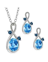 1.98 Ct Oval Swiss Blue Topaz Gemstone 18k White Gold Pendant Earrings Set