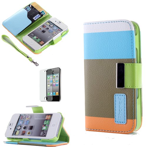 ATC Lumsing New design Flip ID Card Wallet Case Colorful PU Leather Purse Design Case Cover w/Stand for IPhone 4 4G 4S with Screen Protector+ Stylus (Wallet case Light Blue+Beige+Orange)