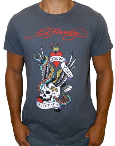 ED HARDY Christian Audigier Mens New York City NYC Tattoo Eagle Skull T-Shirt Tee Grey