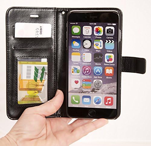 iPhone 6 Plus Case, [Wallet Case] by Hallion **Genuine Leather** KickStand, Apple iPhone 6 Premium Leather Case Wallet 5.5 inch with Credit Card ID Holders, Foldable Stand (Black)