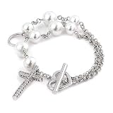 925 Sterling Silver Charm Bracelet With Pearls, Cross Charm Heart Toggle