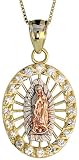 10k Yellow Gold 18 Thin Box Chain, w/ 13/16 (21mm) tall 3-tone Our Lady of Guadalupe CZ Pendant