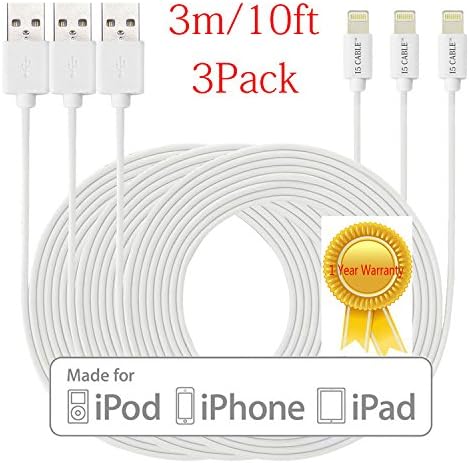 Lightning Cable,iPhone 6 Cable,I5 Cable(TM) 3-Pack 10Ft/3m Extra Long Lightning to USB Cable Data and Charging Cable Lightning Cable iPhone 5 Cable iPhone 6 Cable iPhone 5 Charger iPhone 6 Charger 8-pin Lightning Connector to USB Charger for iPhone 6 iPhone 6Plus iPhone 5 5s 5c iPad Air 1 2 mini 1 2 3 iPad 4 5th iPod nano 7th - Recognized Chip Ensures the Highest Quality Fastest Sync and Data Transfer for IOS 7 8 Devices - 1 Year Warranty!