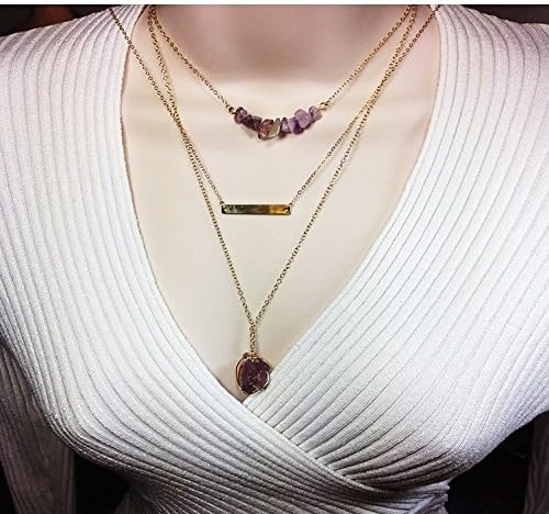 Layered and Long Necklace 14k Gold Filled Set of 3 Necklace Handstamped Raw Gemstone-crystal Bar Pendant