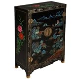 EXP Handmade Furniture - 35" Black Lacquer Wood Storage Cabinet / End Table Lakeside Pagoda Motif