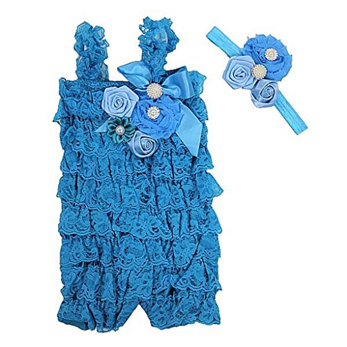 Baby Elegant Rosettes Pearl Lace Petti Romper Headband Set Medium Peacock Blue