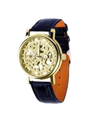 Watch: Mens Mechanical Skeleton Watch Hand Wind Up Gold Dial Black Leather Strap MW-06 - ShoppeWatch