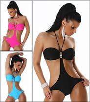 Edler Push Up Monokini Badeanzug mit ZierBrosche in schwarz, türkis oder pink
