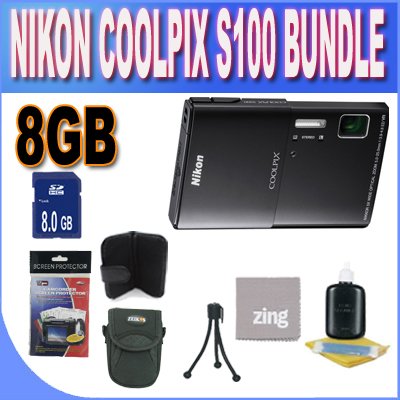 Nikon COOLPIX S100 16 MP CMOS Digital Camera with 5x Optical Zoom NIKKOR ED Glass Lens and 3.5-Inch OLED Touchscreen (Black) + 8GB SDHC Memory + Memory Card Wallet + MicroFiber Cleaning Cloth + Shock Proof Case w/Strap + Mini Tripod + Accessory Saver Bundle!