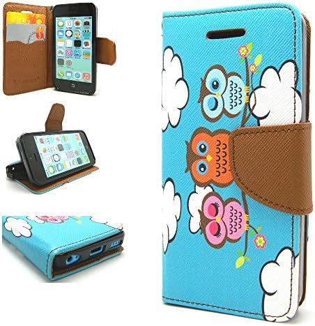 iPhone 5C Case, Wallet Credit Card ID Holder Folio Book Type Kickstand View Hybrid for Apple iPhone 5C by Case Loca (Owls Teal Blue)