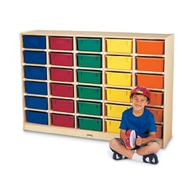 Jonti-Craft 4031JC 30 Section Single Storage Unit with Colored Tubs, Natural Birch