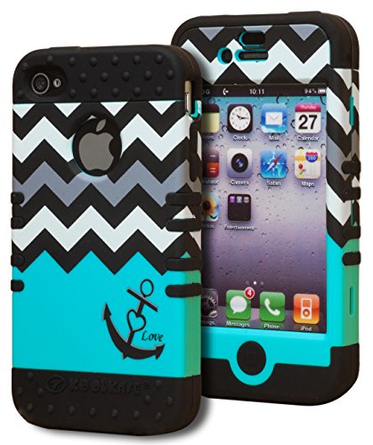 Bastex Silicone Teal White Chevron Anchor Heart Hybrid Case for iPhone 4/4s - Black