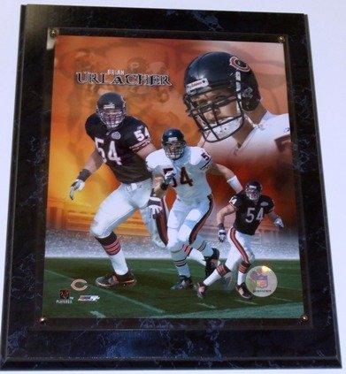 Brian Urlacher Unsigned 8x10 inch Chicago Bears Photo with a 10.5 x 13 inch wood wall plaque