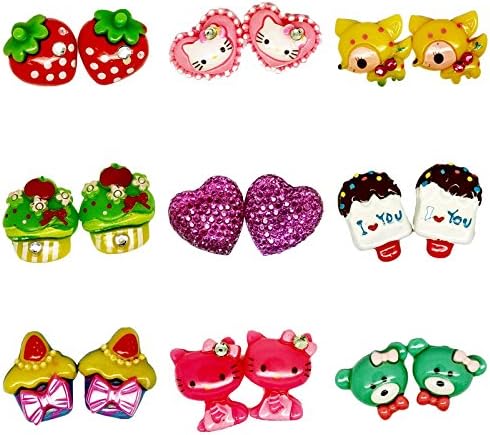 Ryu-rin Earring 9 Pairs Clip on Earring for Girl Cat Flower Strawberry Earrings Gift for Girl so Cute Wholesale Set Th18