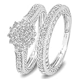 3/4 Carat T.W. Round Cut Diamond Wedding Band Set 14K White Gold - Two Rings: Ladies Engagement Ring and Ladies Wedding Band - Free Gift Box -
