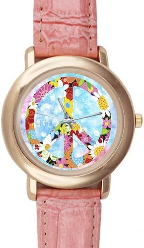 Gifts for girls or ladies Beautiful Peace Day Flowers Pink Leather Alloy High-grade Watch