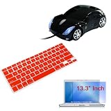 Red Soft Keyboard Silicone Cover + Clear Screen Protector + Black USB Car Mouse for Apple Macbook 13.3" Laptop