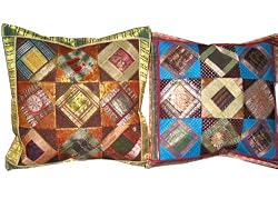 2 Dark Sealbrown Coffe Tribal India Vintage Sari Toss Pillow Cushion Covers