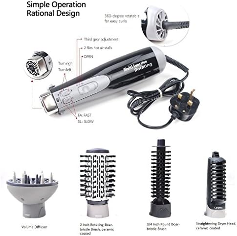 Professional 4 in 1 Quick Styling Hot Air Hair Dryer Brush Kit: 2 Inch Rotating Boar-bristle Brush, 3/4 Inch Round Boar-bristle Brush, Straightening Dryer, Volume Diffuser