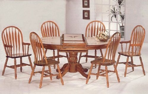 7pc Country Style Oak Wood Dining Table w/Tile Top & Arrow Back Chairs Set