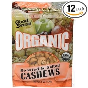 Good Sense Roasted Cashews, Salted, Organic, 6 ounce Bags (Pack of 12)