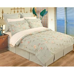 10 Piece King / Cal King Light Green 100% Cotton High Quality Emboridery Duvet Cover Bedskirt and Sheets Set