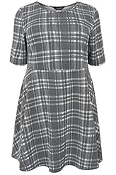 Plus Size Short Sleeves Houndstooth Print Scoop Neck Skater Dress 