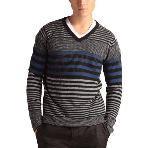 Ed Hardy Mens Stripped Signature Print V-neck Sweater - Grey Royal Blue