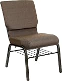 18.5''W Brown Fabric Stacking HERCULES&trade; Church Chair with Book Basket - Gold Vein Frame Finish [XU-CH-60096-BN-BAS-GG]