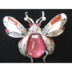 ELEGANT PINK FLYING LADY BUG PIN BROOCH W. ENAMEL WINGS