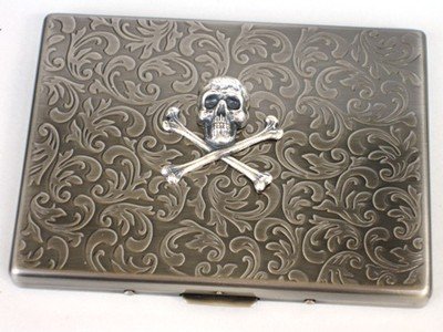 Steampunk Metal SKULL and CROSSBONES Cigarette Case Slim Wallet Large Card Case