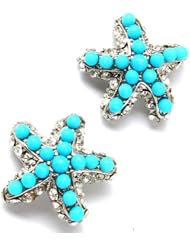 Fancy Sparkling Crystal and Turquoise Beaded Starfish Stud Earrings - Silver Plating