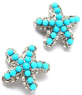 Cheap Girls Jewelry Fancy Sparkling Crystal and Turquoise Beaded Starfish Stud Earrings - Silver Plating For Sale