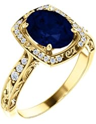 14K Yellow Gold 9.00x7.00mm Oval Cut Chatham Created Sapphire and Diamond Ring -- LIFETIME WARRANTY