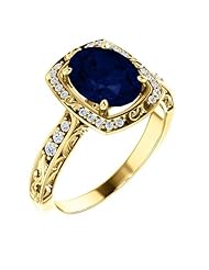 18K Yellow Gold 9.00x7.00mm Oval Cut Chatham Created Sapphire and Diamond Ring -- LIFETIME WARRANTY