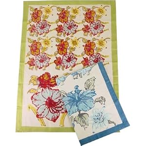 Mas D'Ousvan Hibiscus Blue or Red Green Block Print Heavy Cotton Kitchen Towel Couleur Nature