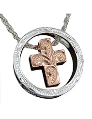 925 Silver Two Tone Rose Floating Cross in Circle Pendant Hawaiian Silver Jewelry