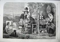 1863 AUTUMN FAMILY CHURCH BOOK STRAW FLOWERS DOG ART