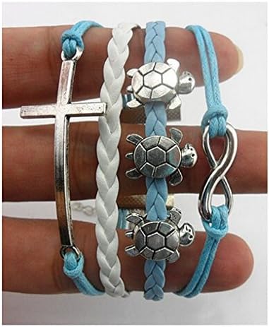 Handmade Heart Love Anchor Wings Best Friend Leaf Owls Bird Sister Dragonfly Cross Bicycle Tree for Life Charm Friendship Gift Leather Bracelet (Tortoise+Cross - Blue-30)