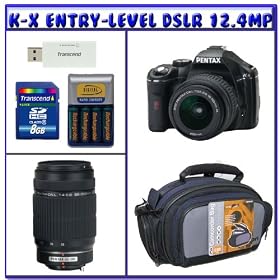 Pentax K-x 12.4 MP Digital SLR with 2.7-inch LCD and 18-55mm f/3.5-5.6 AL and 55-300mm f/4-5.8 ED Lenses (Black) + 8GB SDHC + Case + Rapid AC Charger + Rechargeable Batteries