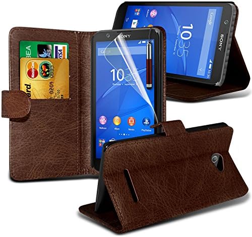 Fone-Case ( Brown ) Sony Xperia E4 Case Custom Made BookStyle PU Leather Wallet Flip With Credit / Debit Card Slot Case Skin Cover With LCD Screen Protector Guard, Polishing Cloth & Mini Retractable Stylus Pen