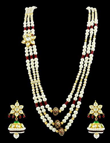 Rajwadi Pearl Kundan Long Mala Set with Jhumki Earrings