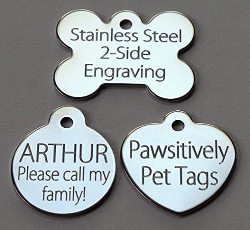 Stainless Steel Pet Id Tags: Bone, Heart, Round, Star...21 different styles, Dog/Cat, Includes up to 6 Lines of Customized Text, 2-Sided Diamond Engraved (BONE 1-1/2"x1-1/8")