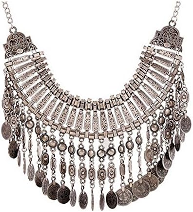 Vintage Necklace Choker Coin Tassels Hippie Boho Bohemian Festival Gypsy Jewelry (Silver)