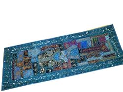 Maya Blue Hand Embroidered Indian Beaded Sari Patchwork Wall Table Runner 70