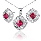 Elegant Princess Checkerboard Cut Created Ruby Pendant Earrings Set in Sterling Silver
