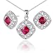 Elegant Princess Checkerboard Cut Created Ruby Pendant Earrings Set in Sterling Silver