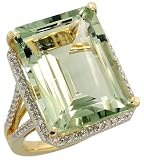 14k Gold Large Stone Ring, w/ 0.30 Carat Brilliant Cut Diamonds & 16.65 Carats 18x13mm Emerald Cut Green Amethyst Stone, 3/4 (19mm) wide